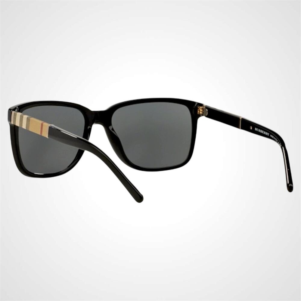 New Burberry Sunglasses Black Solid Square Frame Brown Check Arms 58mm - Picture 6 of 10
